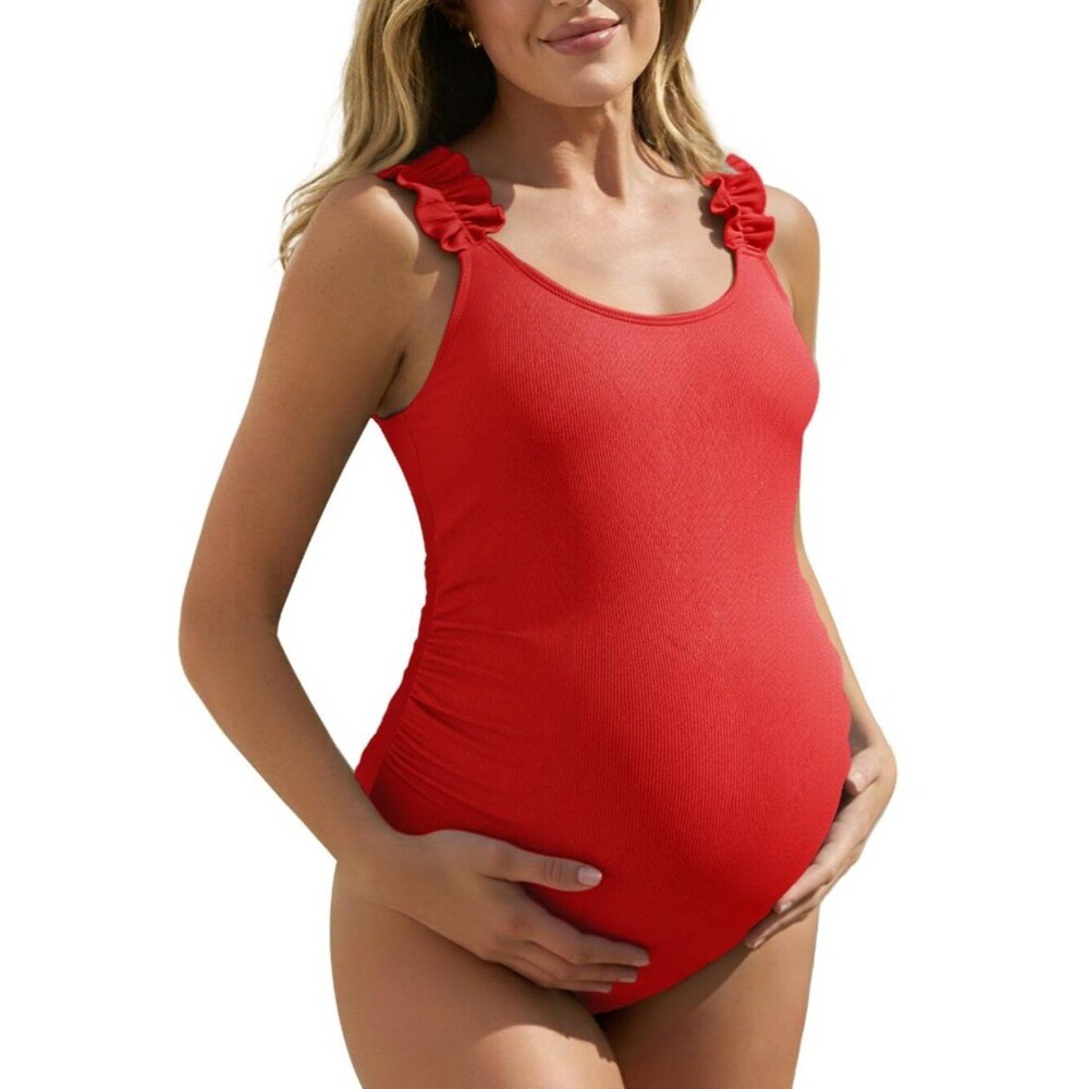 Maternity One Piece Swimsuit Ruffle Wood Ears Bathing Suit Scoop Neck Red 6/8